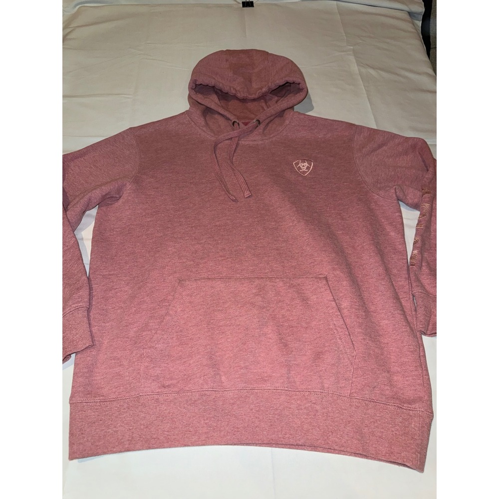 Ariat Womens Heathered Rose Pink Logo Sleeve Pullover Hoodie‎ Sweatshirt Medium